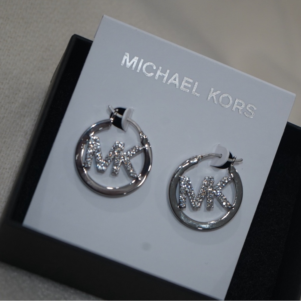 Michael Kors Silver-Tone Plated Brass Pavé Logo Hoop Earrings